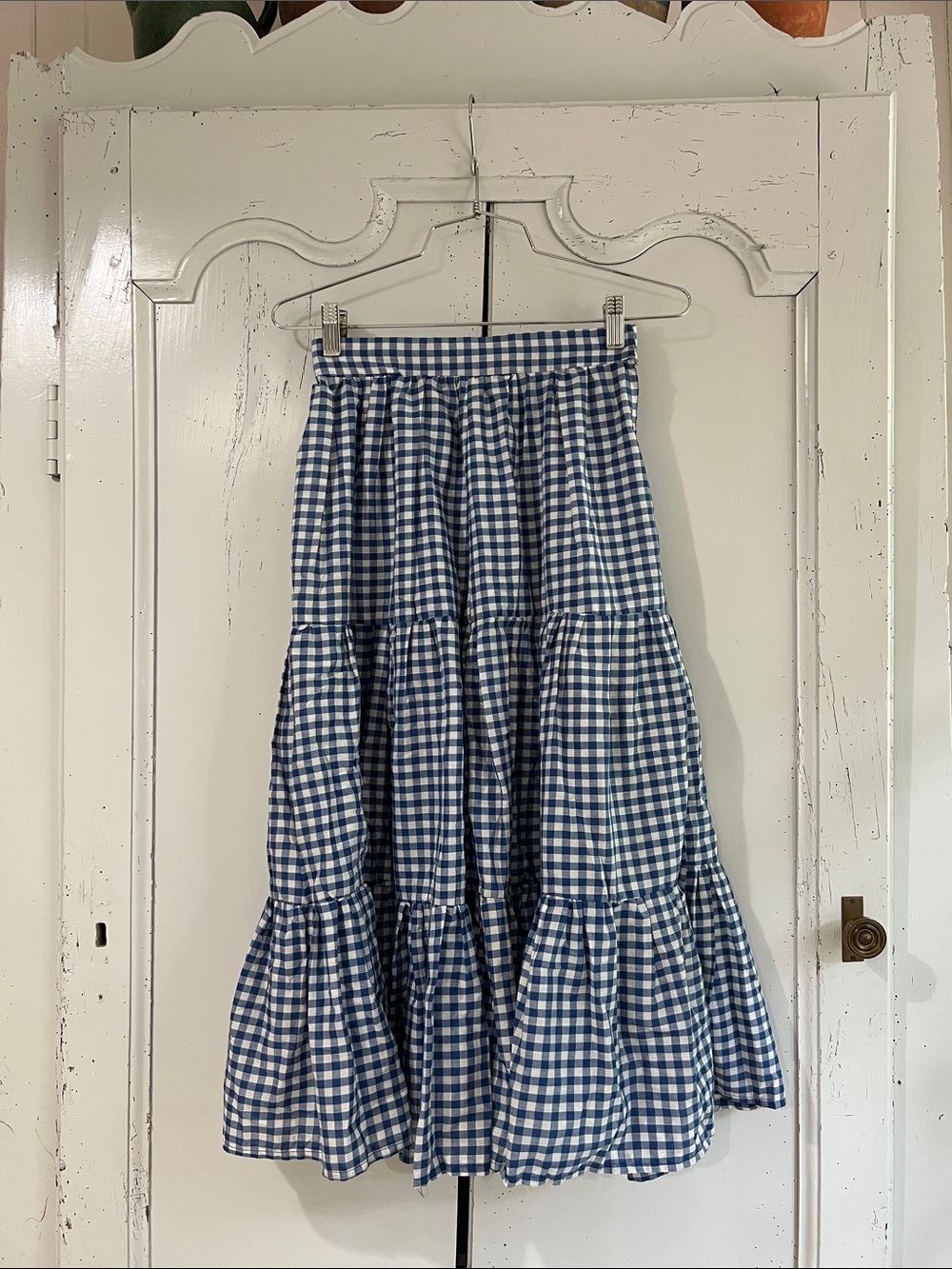 Vintage 70’s Cottage Core Handmade Gingham Ruffled High Waisted Midi Skirt, XXS